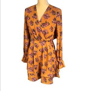 Naked Floral Long Sleeve V-Neck Mini Dress Women’s European Size 32 Marigold